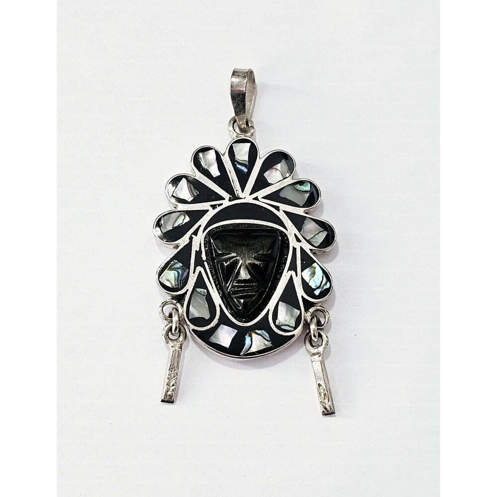 Vintage 925 Silver Mayan Golden Obsidian & Abalone Necklace Pendant